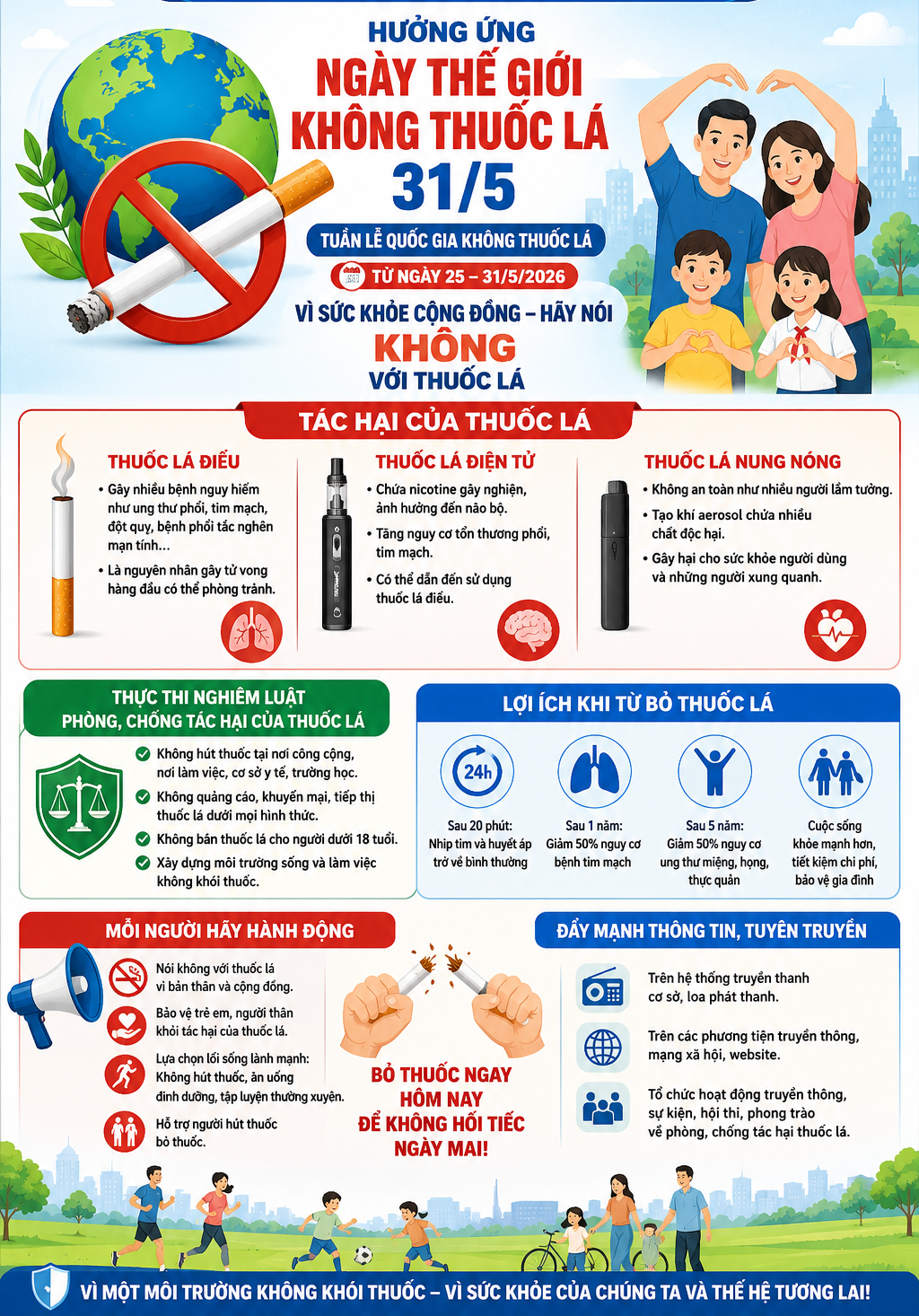 Thực hiện Kế hoạch số 194/KH-UBND ngày 28/5/2026 của Ủy ban nhân dân tỉnh về tổ chức các hoạt động hưởng ứng Ngày Thế giới không thuốc lá 31/5, Tuần lễ Quốc gia không thuốc lá từ ngày 25-31/5/2026 và tăng cường thực thi Luật Phòng, chống tác hại của thuốc lá trên địa bàn tỉnh Vĩnh Long